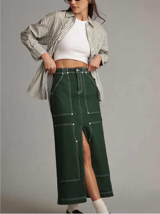 Pilcro Dresses & Skirts - Anthr Pilcro Forest Green Carpenter Skirt Front Slit and Contrast Stitching